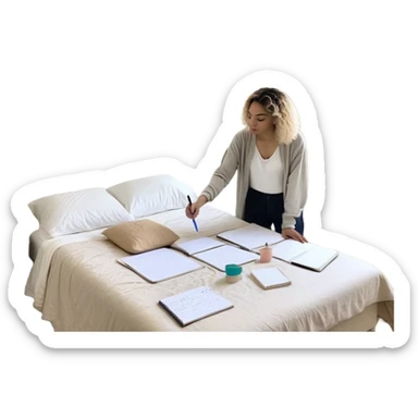 A person stands in a slightly messy room, mid-action—one hand writing a brain dump, the other smoothing out a freshly made bed. Three glowing notes are pinned nearby, marking their top priorities. A planner asks, “How can I make this easier?” Their face shows focus—not stress—activated sticker