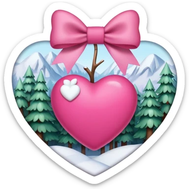 heart with a snowy forest, pink bow with heart pattern on the bow, apple emoji style sticker