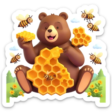 bear eating honeycomb with bees flying around sticker