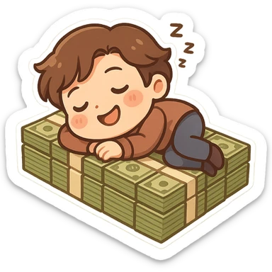 happy person napping on mattress of money sticker