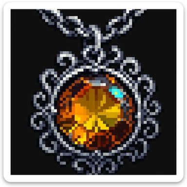 Make it pixel art style: Add a silver chain or ornate setting to the round cut holographic amber charm, keeping the extreme close-up and original style sticker