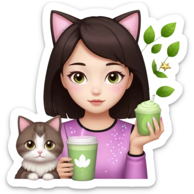asian girl with short dark brown hair and dark brown eyes with a soft girl pink glowup aesthetic, matcha latte, 2 light brownragdoll cats, and sparkles, makeup, and money sticker