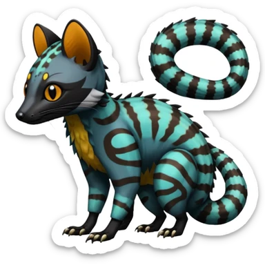Rare warm-colored exotic edgy epic aesthetic spooky dark modern colorful cyber-Genet-Trico-Salandit-Civet-species-Fakemon-hybrid-creature, with beautiful intricate markings, full body sticker