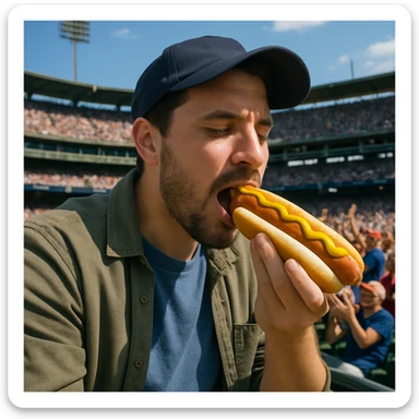 man eating a hot dog at a baseball game sticker