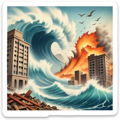 A vintage movie poster-style design with a dramatic scene of a natural disaster like an earthquake, tornado, or tsunami. Include crumbling buildings, flying debris, and fiery explosions. The background should be chaotic, with a cinematic, apocalyptic vibe. Transparent background. sticker