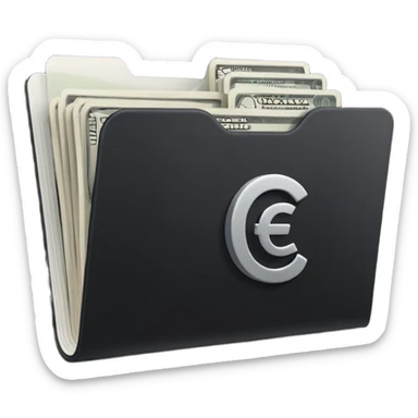 A minimal emoji-style icon of a matte black folder, slightly open, with a simple white or gold finance logo on the front symbolizing growth, stability, and money management, clean lines, subtle shading, and a professional, organized vibe. sticker