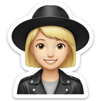 nam 20 tuổi, da vàng, tóc ngắn màu vàng, đội mũ màu đen, mặt cười tươi, khoác áo da màu đen bóng sticker