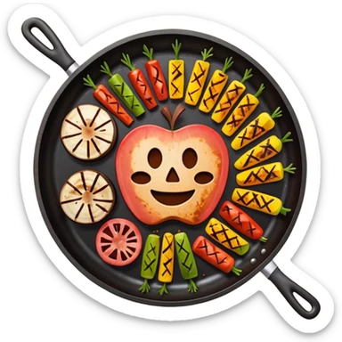 minimalist iOS style Apple emoji of a top view plancha with vegetables and pieces of meat sticker