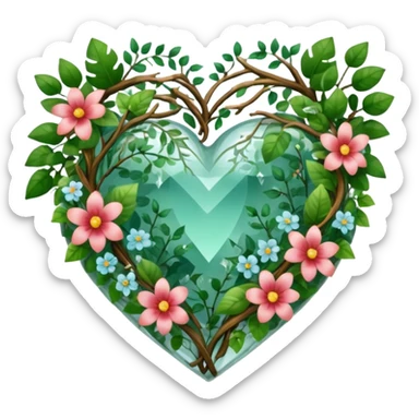 crystal heart with forest inside and floral decoration around sticker