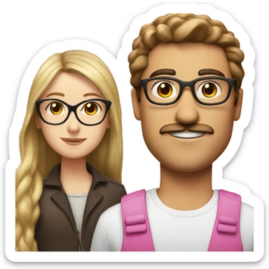 White man with brown hair and mustache next to white girl with brown hair and pink glasses sticker