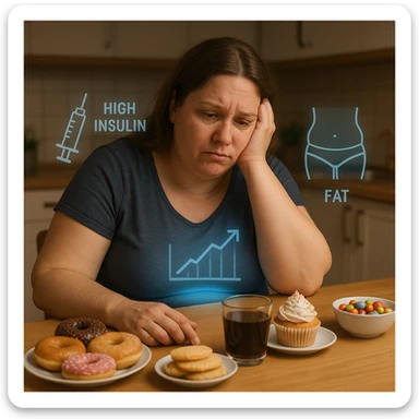 A woman in her late 30s, slightly overweight, sitting tired at a kitchen table with sugary foods in front of her. Her expression frustrated. A faint blue glow surrounds her abdomen, symbolizing metabolic dysfunction. Floating around her body: transparent icons of high insulin, rising blood glucose levels (graph with arrows up), and fat accumulation around the belly and hips. sticker