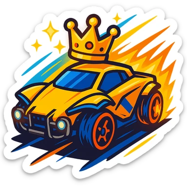 Super Sonic Legend inspired by Rocket League, stylized supersonic car with a crown, glowing effects, sense of speed and victory, vibrant toon style sticker