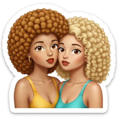 Light skin woman with freckles kissing brown skin woman with an Afro with blonde highlights sticker