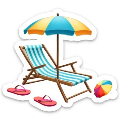 Icon for Beach Tourism: a sunny beach with the sea and waves, a lounge chair, a sun umbrella, and flip-flops on the sandy shore. The background should be a clear, vibrant ocean view with the sun shining brightly. Transparent background. sticker