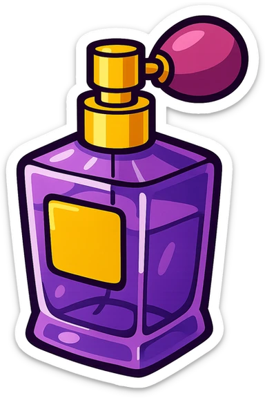 purple perfume bottle, stylized, shiny glass effect, vibrant toon style sticker