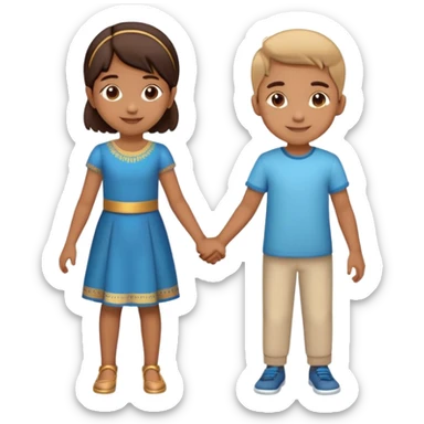 Indian boy and girl holding hands, boy lighter brown, girl medium brown, both children age 5-6, cheerful expressions sticker