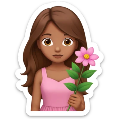brown long haired girl in pink dress with a flower sticker