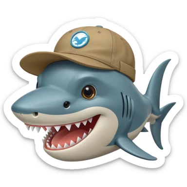 Un tiburón con aspecto gruñón pero con una sonrisa, que tenga una gorra de la marca barbas hats hacia atrás sticker