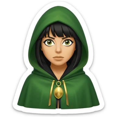claudia winkleman with a heavy fringe and a fake tan as a traitor with a green hooded cloak with a gold clasp and dark black eyeliner sticker