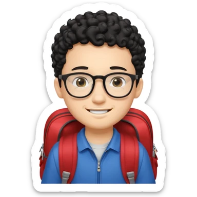 A young boy DEVELOPER WITH A backpack, black curly short hair, wearing glasses, a thin goatee, his skin is white, riding a scholar bus sticker