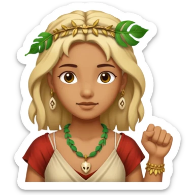 ancient girl wearing fist bone Necklaces and leaf sticker