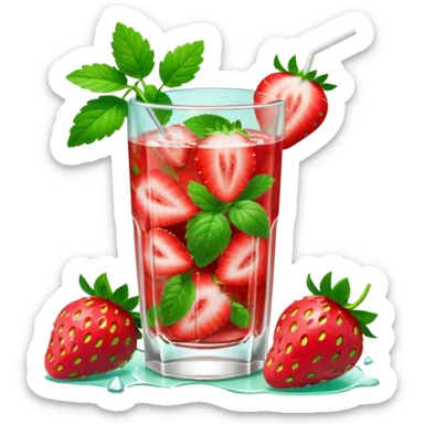 A 3D cartoon glass of strawberry mojito with mint leaves, ice cubes, and sliced strawberries, condensation on glass, bright lighting, Memoji-style realism. sticker
