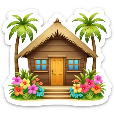 Hawaiian beach house, small tropical house, wooden walls, thatched roof, colorful flowers, palm trees, cute mobile game icon, 3D cartoon, bright colors, soft shadows, clean background, no text, no watermark sticker