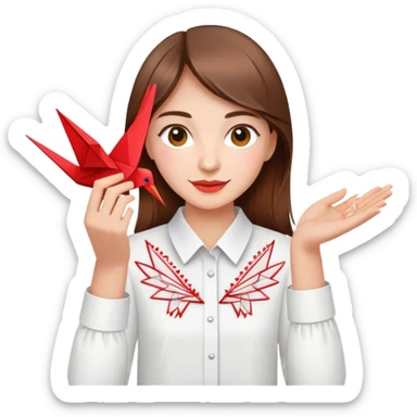 A happy Ukrainian young girl with brown hair in a white embroidered shirt makes an origami red crane craft sticker