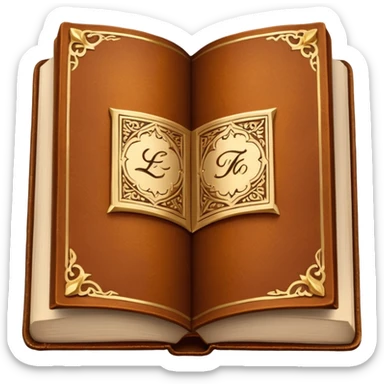 "An open antique leather-bound book with golden edges and calligraphy, detailed embossing, Victorian style, warm brown and gold palette." sticker