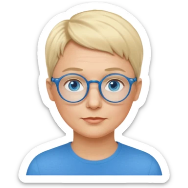 woman 50 years old, very short blonde hair like a man, blue eyes and blue round glasses sticker