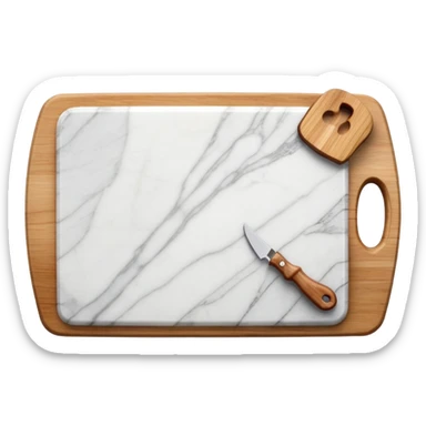 white marmor cuttingboard with a wooden grip handle on top all along the top sticker