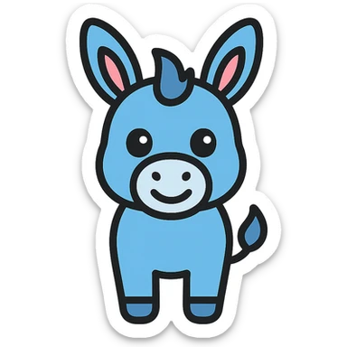 cute blue donkey with big eyes and friendly smile, simple flat design sticker