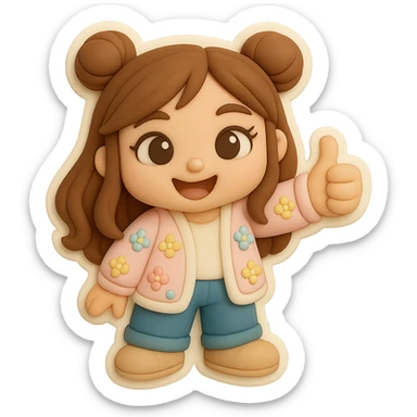 Create a 3D chibi fondant cake art style image with high-quality rendering, smooth shadows, and soft gradients. The girl should be based on the reference image, preserving facial features and eye shape exactly as in the 'thumbs down' sticker. She has long brown hair styled in two space buns, brown eyes, wearing jeans, a pastel floral cardigan, and shoes. Add a thick white outline like a sticker and ensure a transparent background. The expression is thumbs up and happy. The face, hairstyle, eye shape, and shoes must match the reference exactly. sticker