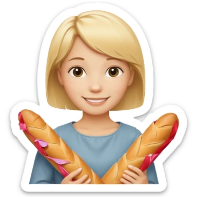 smiling blond short-haired girl with a baguette sticker