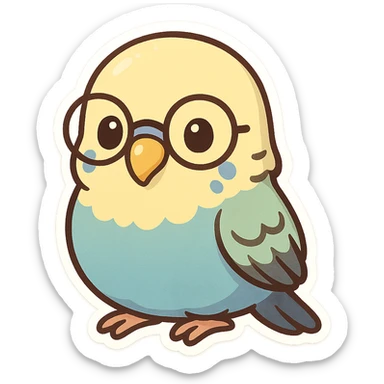 a cute budgie with round glasses, cartoon style, adorable and colorful sticker