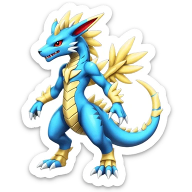 Colorful exotic Modern anthropomorphic furry futuristic shiny colorful Zeraora-Salandit-Guilmon-Zekrom-fusion (full body) sticker