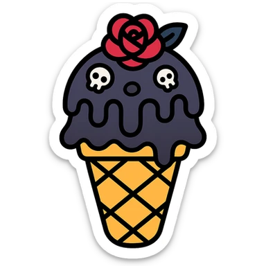 Gothic ice cream with black chocolate drizzle, tiny skull sprinkles, and a dark rose on top in a color outline icon style. sticker