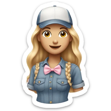 A white beautiful girl wearing denim baseball cap and a soft pink bow tie sticker