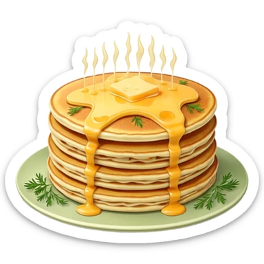 Fluffy stack of sunny pancakes with melted cheese and dill on top good quality sticker