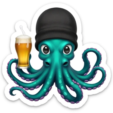Epic octopus with an iridescent green base layer coloring and pearl black secondary layer of color, with teal neon colored suction cups under the tentacles. Octopus is wearing balaclava, a backwards hat, is holding 2 beers, and has a white teardrop face tattoo sticker