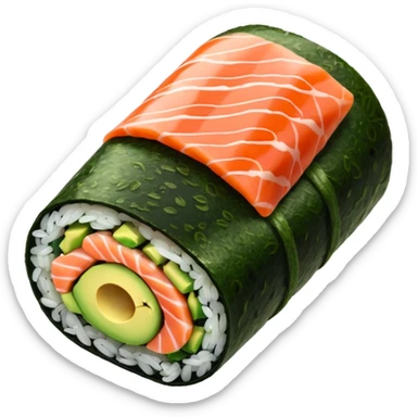 ["Salmon and avocado sushi roll wrapped in seaweed."] sticker