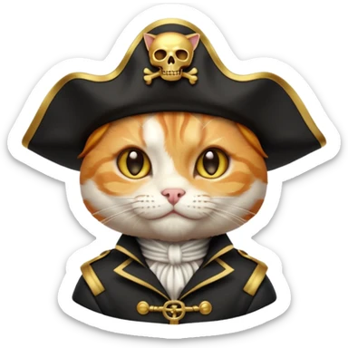 Premium 3D emoji icon of a cute ginger cat pirate, wearing a **pristine white** satin pirate hat with a gold skull icon, and a black and gold captain's jacket. Glossy finish, claymorphism style, soft studio lighting, isolated on white background, 8k resolution, stylized professional look --v 6.0 sticker