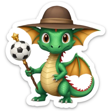 ein Drache mit einem Zauberstab in der Hand  und einem Hud  auf dem kopf und ein Fussball in der anderen hand sticker
