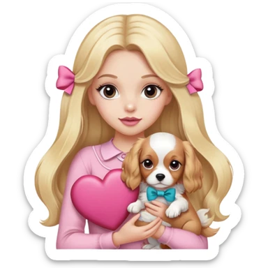 Pretty blonde bombshell girl with long hair and long eyelashes and a pink bow in her hair. She is holding a cavalier puppy in her arms and there is a huge heart behind her sticker