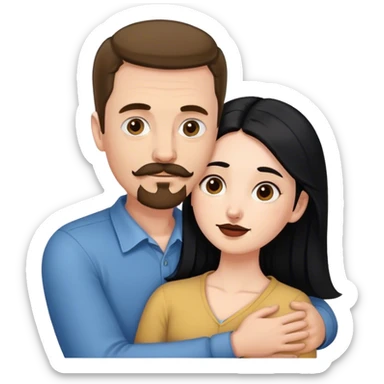Tall white man with brown mustache and goatee hugging a short pale woman with long black hair sticker