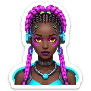 Cyberpunk African woman with futuristic braids, neon glowing accessories, tech implants, and vibrant colors sticker