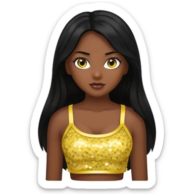 Christie from Barbie & Friends with brown eyes, long black hair, yellow sequin crop top, dark skin sticker