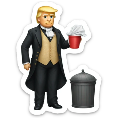 trump in Victorian dress elegant, full body, holding a trash bidon sticker
