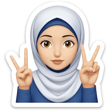 White hijab girl wearing white tshirt and dark blue hijab doing peace sign sticker