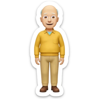 A 3D cartoon elderly man entirely yellow, styled like Grandpa Simpson, bald head with few hair strands, wrinkled face, yellow shirt and trousers, kind smile, cinematic Memoji-style render matching other Simpsons characters. sticker